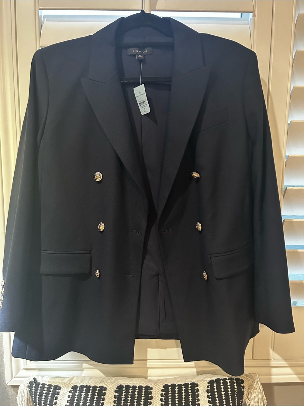 Ann Taylor Navy Double-Breasted Blazer with Gold Buttons